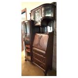 Antique Oak Secretary Bookcase with Curio Cabinet and Stained Glass