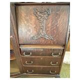 Antique Oak Secretary Bookcase with Curio Cabinet and Stained Glass