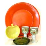 Vintage Mid Century Orange Plate, Apple-Shaped Dish, Glass Ashtray, Pair of Ceramic Chalices