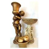 Mixed Home Decor Lot - Cherub Pedestal Bowl, Gold Urn with Fruit, Gilt Cherub Vase