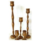 Set of 5 Hand Turned Wood Candle Holders - Mixed Heights