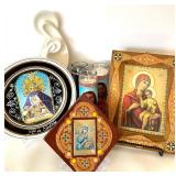 Home Decor Lot - White Abstract Statue, Religious Platter, Framed Icon