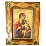 Home Decor Lot - White Abstract Statue, Religious Platter, Framed Icon