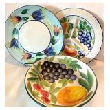 Italian Ceramic Serving Plates & Bowl, Hand-Painted Fruit & Floral Designs (3 pcs)