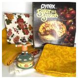 Assorted Vintage Table Linens, Decor and NEW OLD STOCK Pyrex Pie Plate