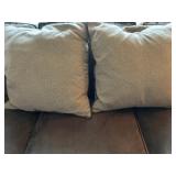 Brown Suede-Look 3-Seat Sofa by Precedent Sherrill Furniture with 2 Lavender Pillows and 2 Tan Pillows