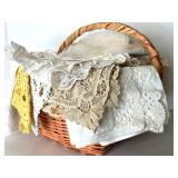 Vintage Lace Doilies and Table Linens Collection in Wicker Basket