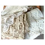 Vintage Lace Doilies and Table Linens Collection in Wicker Basket