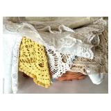 Vintage Lace Doilies and Table Linens Collection in Wicker Basket