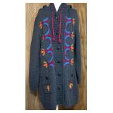 Newari Hand Knit Nepal Cardigan L/XL Embroidered Gray Hooded Sweater