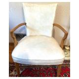 Vintage Cream Metal Tole Floor Lamp and White Upholstered Wood Armchair