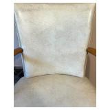 Vintage Cream Metal Tole Floor Lamp and White Upholstered Wood Armchair