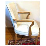 Vintage Cream Metal Tole Floor Lamp and White Upholstered Wood Armchair