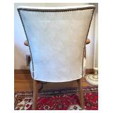 Vintage Cream Metal Tole Floor Lamp and White Upholstered Wood Armchair