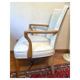 Vintage Cream Metal Tole Floor Lamp and White Upholstered Wood Armchair