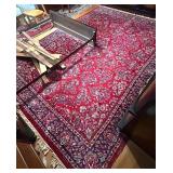 Large Red Floral Pattern Area Rug with Navy Border