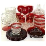 Ruby Red & Clear Glassware Lot - Lenox, Vintage Bowls, Plates, Pitcher