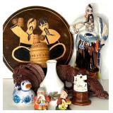 Assorted Collectibles Lot: Folk Art, Figurines, Carvings, and Decor