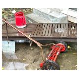 Vintage Craftsman Reel Lawn Mower, Wood Outdoor Lounger, and Metal Snow Shovel