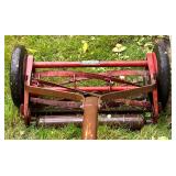 Vintage Craftsman Reel Lawn Mower, Wood Outdoor Lounger, and Metal Snow Shovel