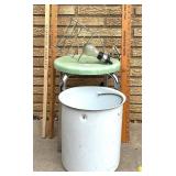 Mixed Vintage Utility Lot: Stools, Rulers, Enamel Bucket, Clamp Lamp