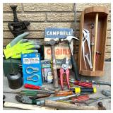 Hand tool lot with Hammers, Screwdrivers, Pliers, Stapler, and Hardware