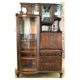 Antique Oak Secretary Bookcase with Curio Cabinet and Stained Glass