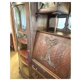 Antique Oak Secretary Bookcase with Curio Cabinet and Stained Glass