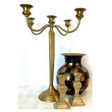 Brass Candleholders and Checkered Brass Vase Home Decor Lot