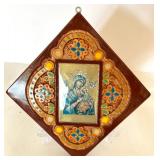 Home Decor Lot - White Abstract Statue, Religious Platter, Framed Icon