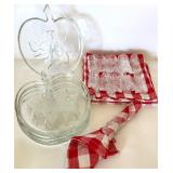 Glass Napkin Holders, Apple Plates, and Red Check Napkins Lot