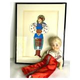 Folk Costume Themed Doll and Framed Ukrainian Folk Art Print