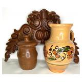 Group of Handcrafted Pottery Vessels and Carved Wood Accent