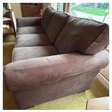 Brown Suede-Look 3-Seat Sofa by Precedent Sherrill Furniture with 2 Lavender Pillows and 2 Tan Pillows