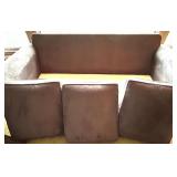 Brown Suede-Look 3-Seat Sofa by Precedent Sherrill Furniture with 2 Lavender Pillows and 2 Tan Pillows