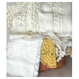 Vintage Lace Doilies and Table Linens Collection in Wicker Basket
