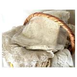 Vintage Lace Doilies and Table Linens Collection in Wicker Basket