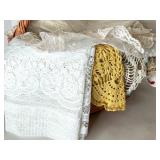 Vintage Lace Doilies and Table Linens Collection in Wicker Basket