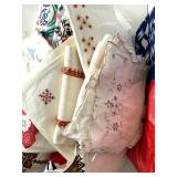 Assorted Embroidered and Lace Vintage Linens Lot with Tote Bag