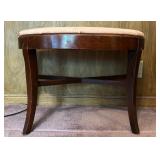 Upholstered Wood Bench with Curved Seat and Cross Bracing