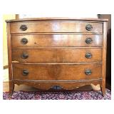 Vintage Wood Bow Front 4-Drawer Dresser with Brass Pulls
