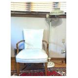 Vintage Cream Metal Tole Floor Lamp and White Upholstered Wood Armchair