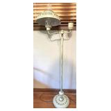 Vintage Cream Metal Tole Floor Lamp and White Upholstered Wood Armchair