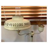 Vintage Cream Metal Tole Floor Lamp and White Upholstered Wood Armchair