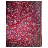Large Red Floral Pattern Area Rug with Navy Border