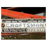 Vintage Craftsman Reel Lawn Mower, Wood Outdoor Lounger, and Metal Snow Shovel