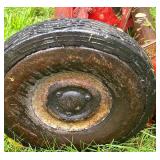 Vintage Craftsman Reel Lawn Mower, Wood Outdoor Lounger, and Metal Snow Shovel