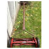 Vintage Craftsman Reel Lawn Mower, Wood Outdoor Lounger, and Metal Snow Shovel