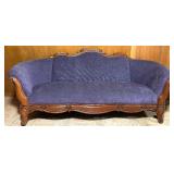 Antique Carved Wood Sofa with Purple Upholstery