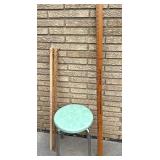 Mixed Vintage Utility Lot: Stools, Rulers, Enamel Bucket, Clamp Lamp